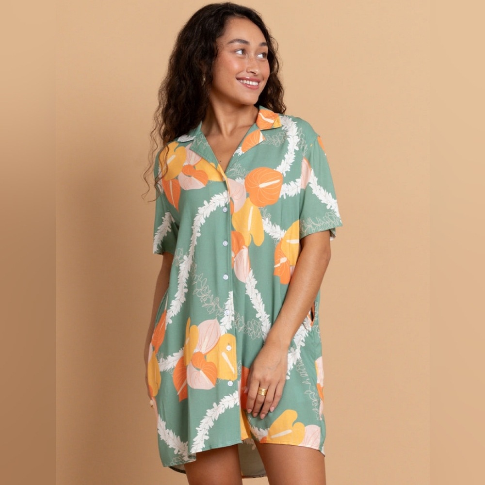 New Fighting Eel Ava Sky Dress Sadie Basil Woven Lei XS Green Anthurium Mini NWT